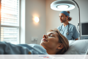 The image depicts a hospital setting with medical professionals. A woman is lying on a hospital bed, and a man in scrubs stands beside her.