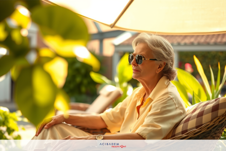 The image features a woman sitting on a patio in the sun. She's wearing sunglasses and has a relaxed posture, with one arm resting on her knee.