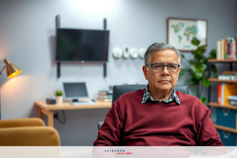What Age Can You Do LASIK Eye Surgery The image depicts an older man sitting at a desk in an office environment. He is wearing glasses and a burgundy sweater, appearing focused or deep in thought.