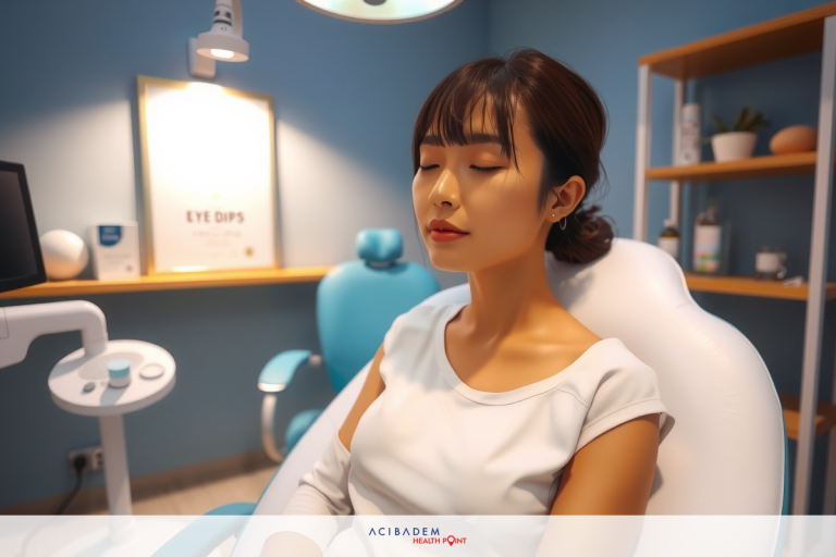 How Long to Use Eye Drops After LASIK In the image, there is a woman seated in a medical chair. She appears to be wearing glasses and has her eyes closed as if she's relaxed or taking deep breaths.