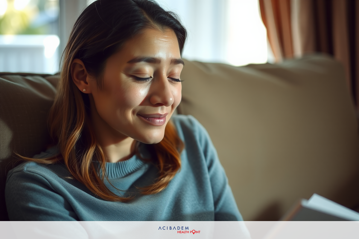 The image depicts a young woman sitting on a couch with her eyes closed. She has long hair and is wearing casual attire. In front of her, there is an open book or magazine that she appears to be reading. The room has a soft lighting, suggesting it might be either morning or evening. The atmosphere seems relaxed and the woman has a content smile on her face, indicating she is enjoying her time.