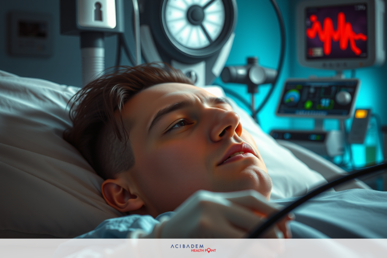 A young man in a hospital bed, lying down with his eyes open. He is wearing a medical gown. The room around him appears clinical with various pieces of medical equipment like monitors.