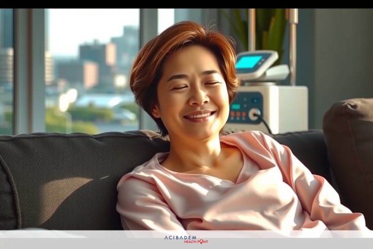 The image features a woman sitting comfortably on a couch. She is wearing a pink outfit and has her eyes closed in contentment, indicating she might be resting or enjoying a relaxing moment at home.