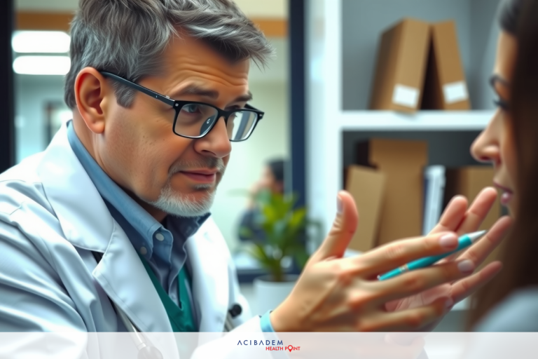 The image depicts a professional interaction. There is a man in the foreground who appears to be a doctor, as indicated by his white lab coat with 'Dr.' inscribed on it. He seems to be engaged in conversation with a woman patient seated across from him in a modern office setting.