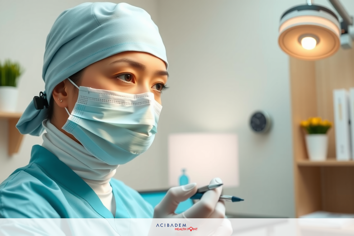 The image features a female dentist in a modern, well-lit office. She is wearing surgical attire and has protective eyewear on. In