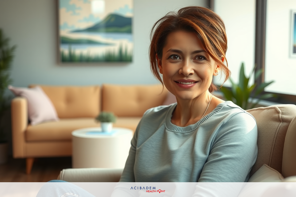 In the image, there is a woman sitting comfortably on a sofa in a modern living room. The room has a minimalist design with neutral colors that create a calm and relaxed atmosphere.