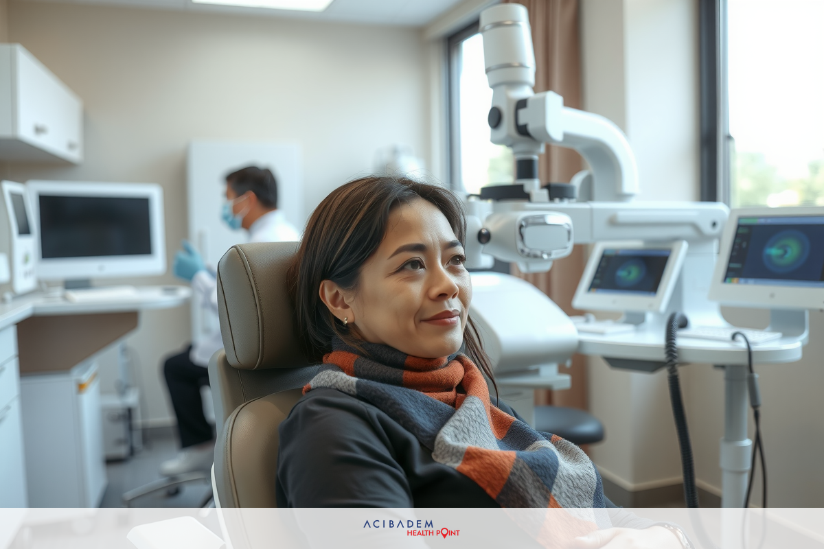 In the image, a woman is seated in a medical chair. A doctor stands behind them, focusing the screen. The room is equipped for medical procedures and has a sterile atmosphere.