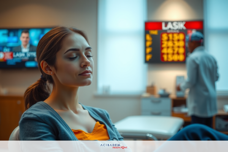 How Much is LASIK Eye Surgery Indiana A woman sitting at a desk, looking down with a serious expression. She is wearing a dark-colored top and appears to be in an office setting.