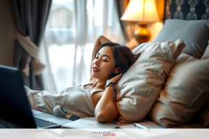 A young woman wearing a sleeveless T-shirt is lying in a luxurious bedroom. She is using her laptop on a bed covered with beige sheets. The atmosphere radiates relaxation and peace.
