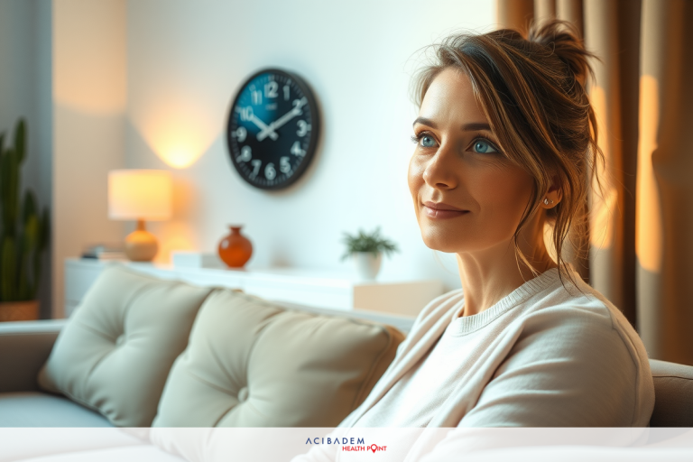 A woman sits on a couch, looking contemplative in a brightly lit living room.