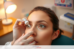 A person in a medical setting, with a focus on their face where they are undergoing an eye examination. The woman is seen from the front and appears to be looking up towards the camera. She has makeup around her eyes which suggests she may have been wearing it before coming for the appointment.