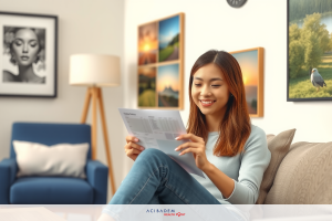 A young woman is seated on a modern sofa, her legs crossed over each other. She appears to be reading or looking at some papers in her hands. The room has a contemporary feel with large artwork and framed photos adorning the walls.