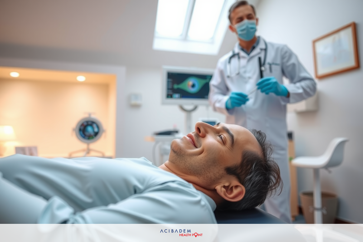 A man lying down in a hospital bed, smiling at the doctor who is standing beside him. The medical professional is wearing gloves and a surgical mask, indicating a healthcare setting with cleanliness protocols observed.