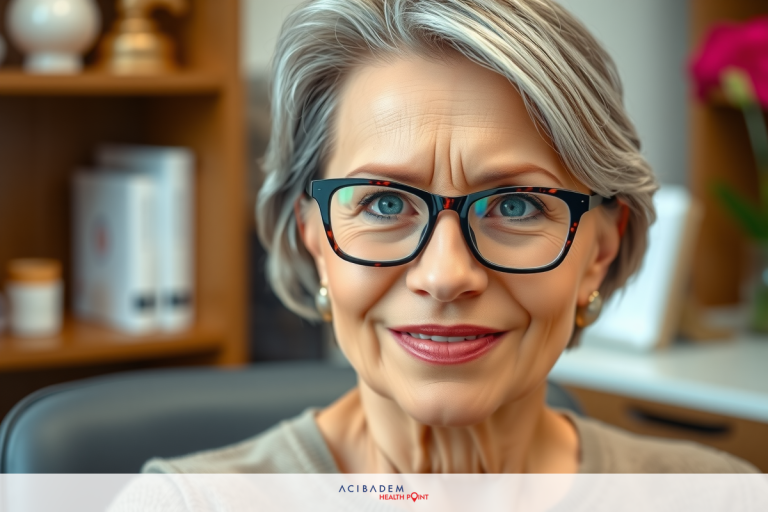 Can LASIK Eye Surgery Cause Cataracts? The image shows an older woman in a professional office setting. She is wearing glasses and has her mouth slightly open, which might indicate that she is speaking or surprised.