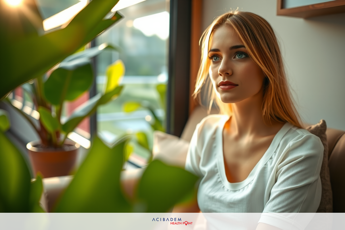 The image features a woman sitting indoors, looking at a potted plant. She is wearing a light top and appears to be in a contemplative state.