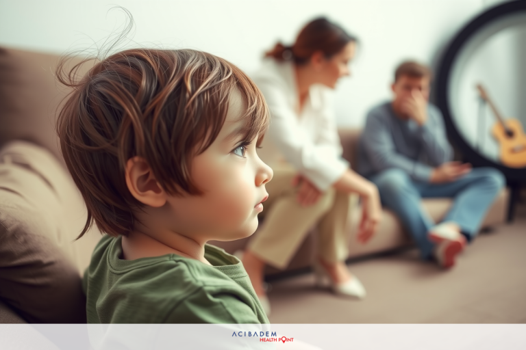 Can LASIK Surgery Correct Lazy Eye? A young child sitting on a couch, looking at his family. A man and woman are seated behind him on the couch. The room is well-lit with neutral tones of brown and tan furniture.