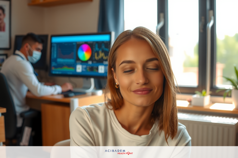 The image depicts an indoor office setting, focusing on a woman sitting with her eyes closed, smiling. In the background, a colleague is shown working at a computer station with monitors displaying data and graphs.