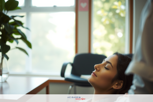 In an office setting, a young woman with her eyes closed is receiving a massage. She is comfortably seated in a rolling chair with her head tilted back against the seat, indicating relaxation.