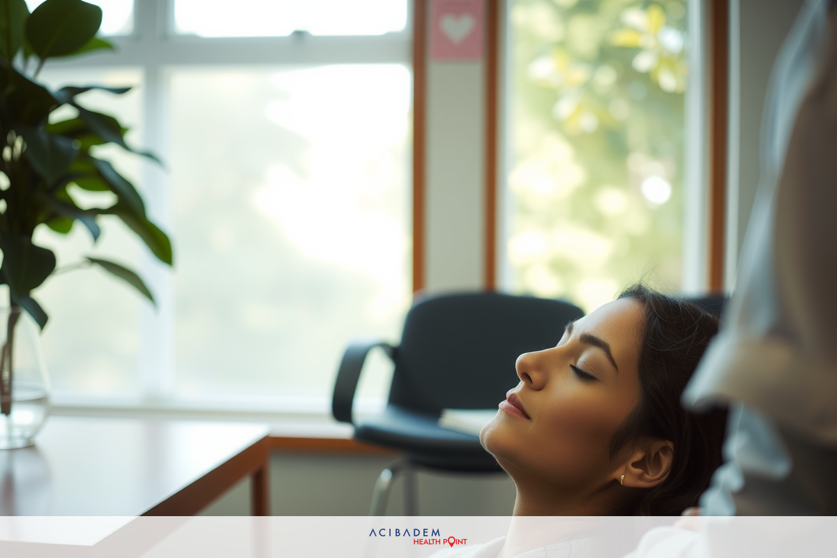In an office setting, a young woman with her eyes closed is receiving a massage. She is comfortably seated in a rolling chair with her head tilted back against the seat, indicating relaxation.