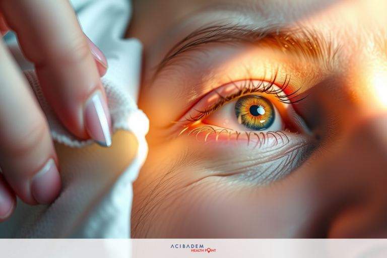 The image shows a close-up of a person's face focusing on their eye, which is being examined by another individual. The eye appears dilated with the pupil enlarged, possibly indicating an examination or diagnostic procedure in progress.