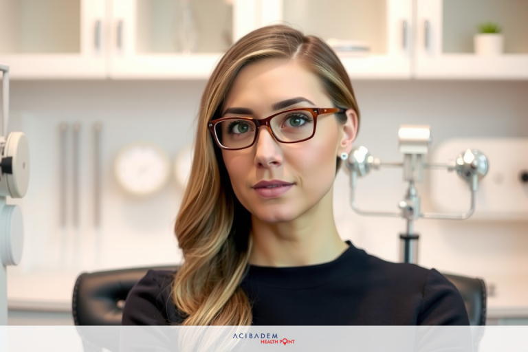 A woman in glasses, wearing a black top, is sitting at a medical chair with her arms crossed. Her expression appears to be one of concern or seriousness.