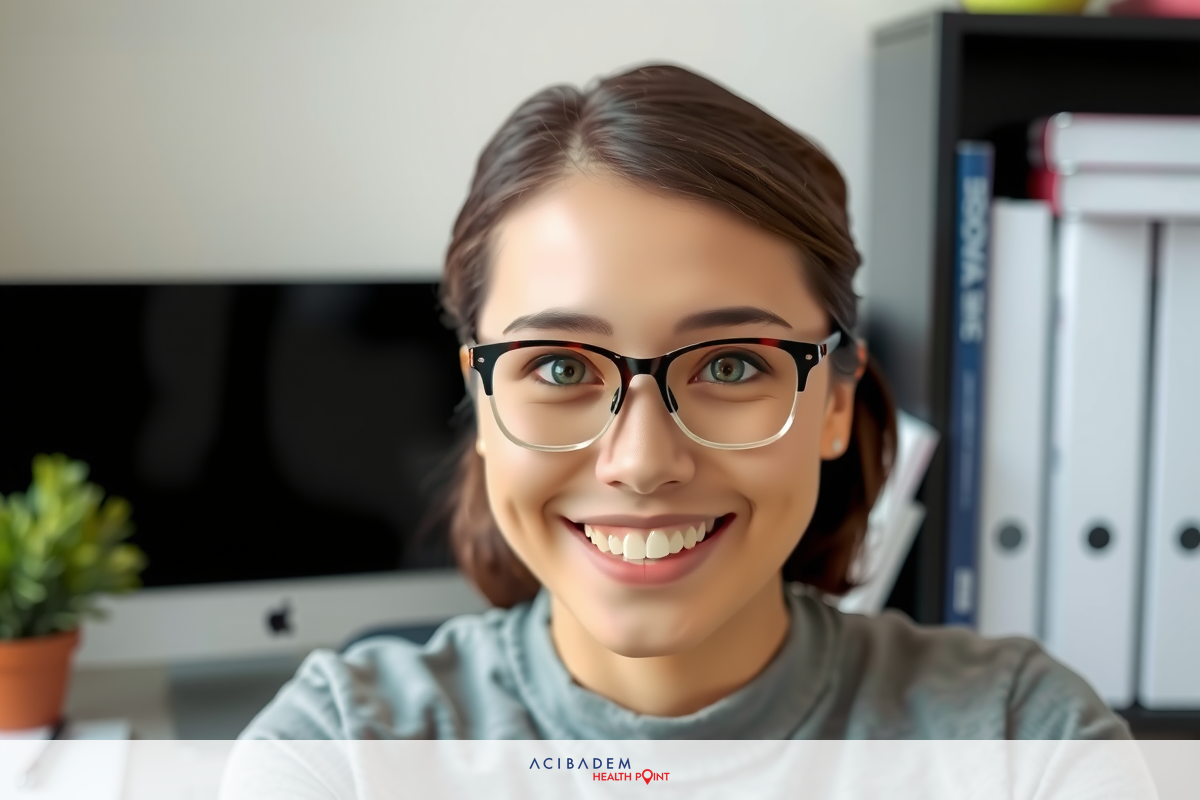 The image shows a woman smiling at the camera. She has glasses and is wearing casual attire. Behind her, there's an office environment with books and what appears to be a plant.