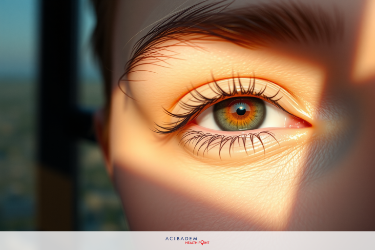 A close-up of a person's face in the sunlight, with visible eye details, possibly through a screen or shade. The focus is on the eyes and skin texture, creating a detailed yet intimate portrait.