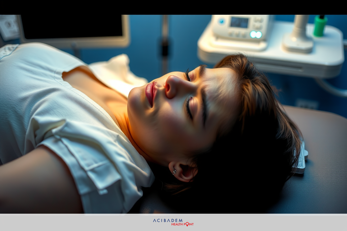 The image shows a woman lying on an examination table with her eyes closed, suggesting she is undergoing medical testing or being treated in a healthcare setting.