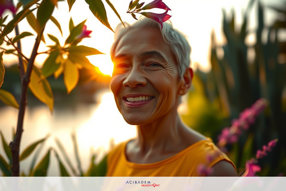 In the image, a smiling woman with white hair is standing in front of flowers. The sun is shining brightly behind her, suggesting it might be early morning or late afternoon.