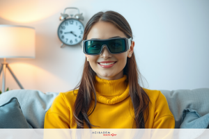 The image features a woman sitting on a couch, wearing a yellow shirt, large dark sunglasses and she is smiling