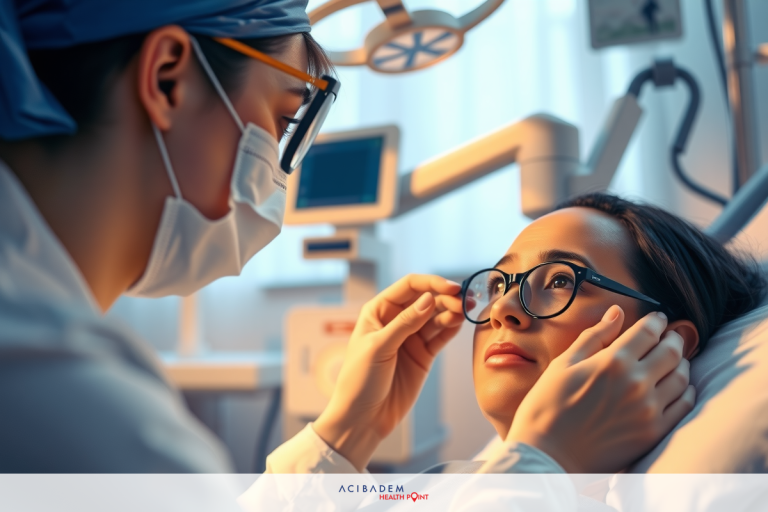 How Long to Use Eye Drops After LASIK Surgery Medical professionals attending to a patient in an examination room. One professional, possibly a doctor, is examining the eyes of another person lying on the bed.