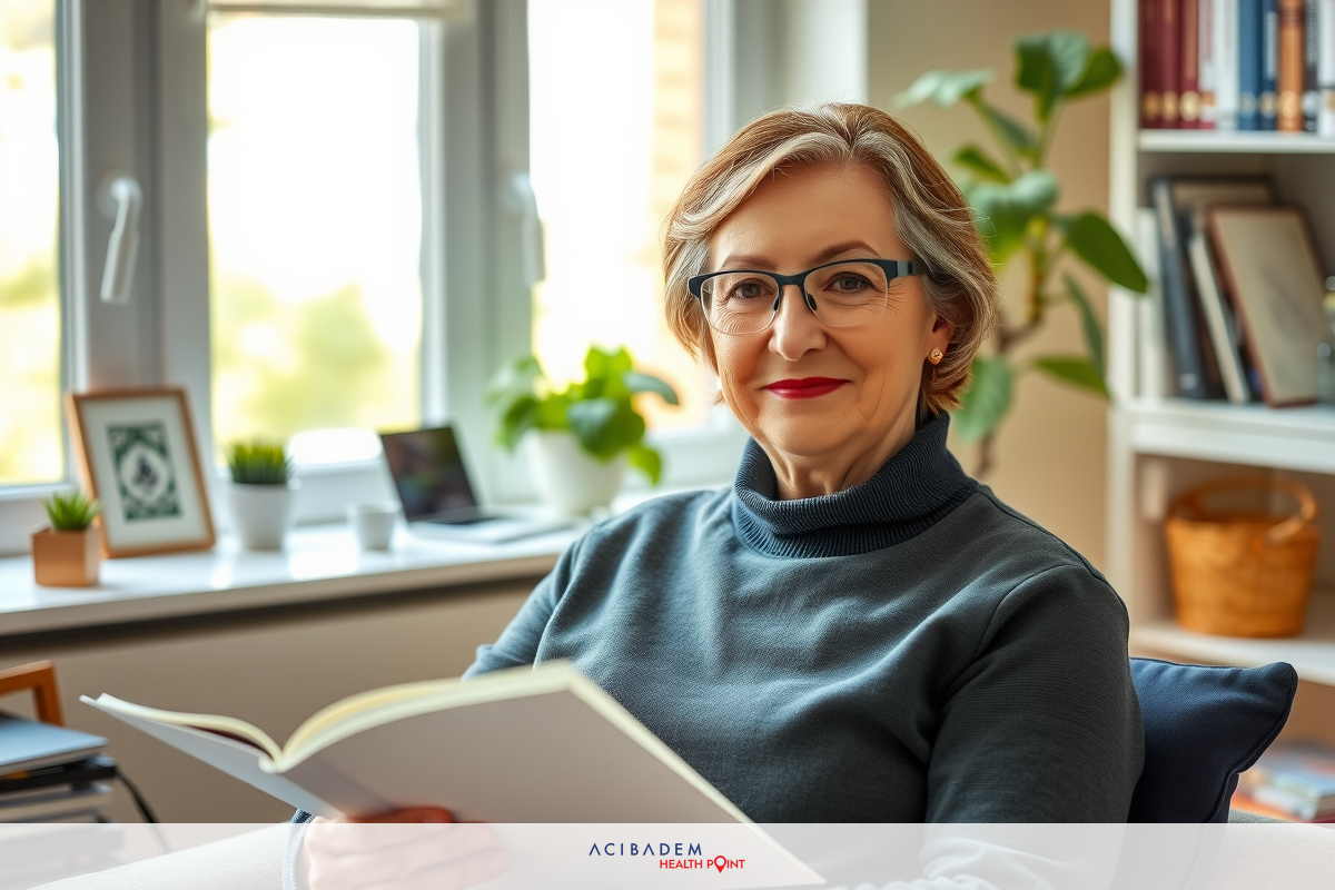 An older woman is sitting in a cozy living room, wearing glasses and holding a book. She appears to be reading or perhaps resting her eyes on the pages. The environment includes books, plants, and a comfortable couch, suggesting a quiet and relaxed setting.
