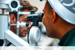 A man sitting in an eye examination chair with an optician. The environment is clinical and white, with a professional look. The main focus on the face of the person being tested indicates precision and care.