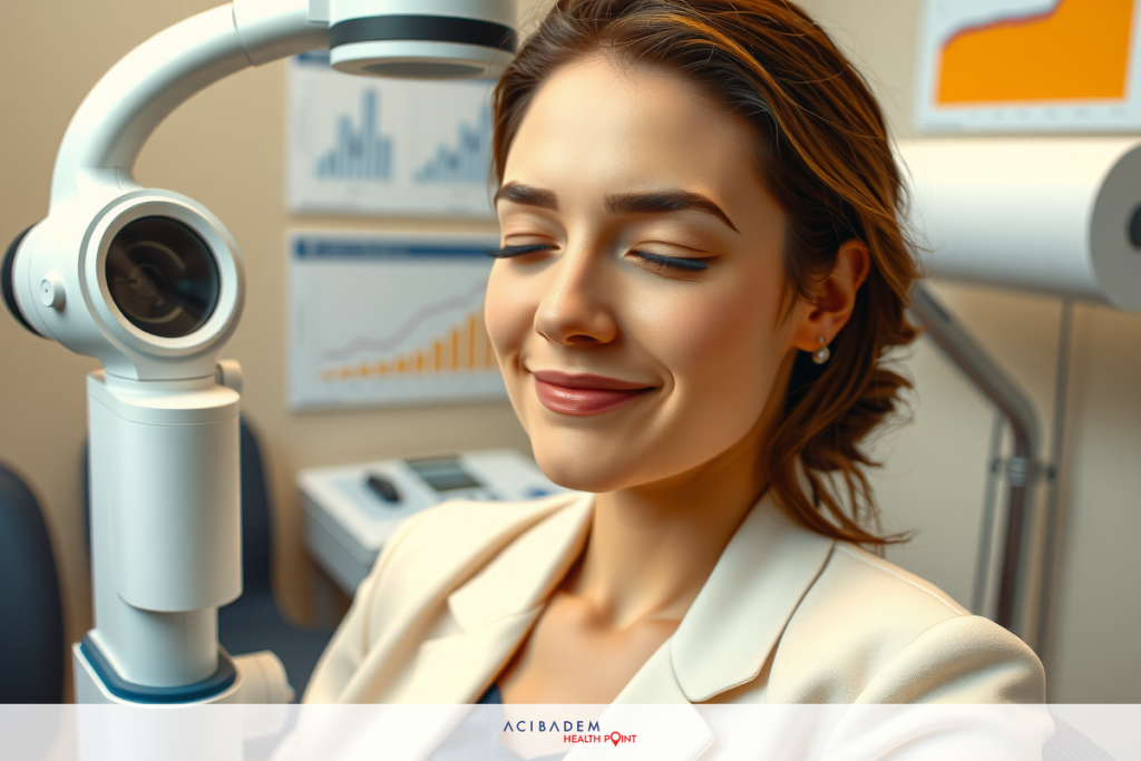 How Much Is Lasik Eye Surgery With Astigmatism The image shows a woman in what appears to be a medical clinic, sitting down with her eyes closed as if she is experiencing a procedure such as an eye examination.