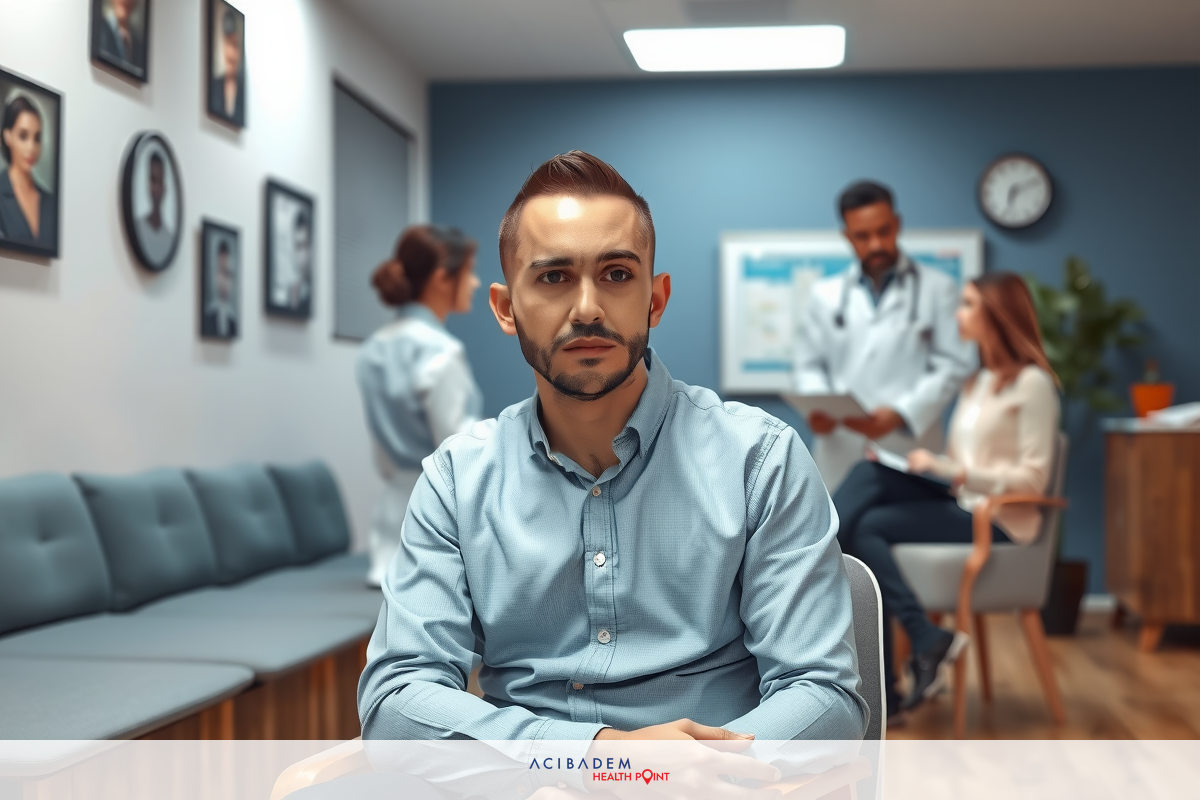 In a well-lit medical office, a man in a blue shirt sits on the edge of an examination table. He is facing towards a female doctor who stands across from him. The room features a receptionist at her desk with a clock hanging behind it.