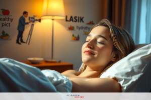 The image features a woman lying in bed, possibly asleep. She is wearing a white tank top and her head is slightly turned to the side. Her expression is relaxed with a slight smile on her face.