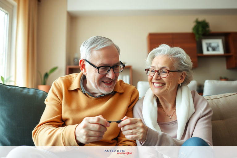 What Age Should i Get LASIK Eye Surgery The image features an elderly couple sitting together on a couch. They are engaged in conversation, with one person showing the other person something on their device or object of interest. The setting appears to be a comfortable indoor living space, likely a home. The focus is on the intimate connection and interaction between the two individuals, suggesting a warm, familial relationship.