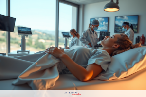 The image shows an interior hospital setting with a patient lying on a medical bed. The room is clean and well-lit, featuring large windows that allow natural light to flood in. There are medical personnel dressed in white attire moving about the area, possibly indicating that they are doctors or nurses. The focus of the image is the interaction between the hospital staff and the patient, suggesting a caregiving scenario.