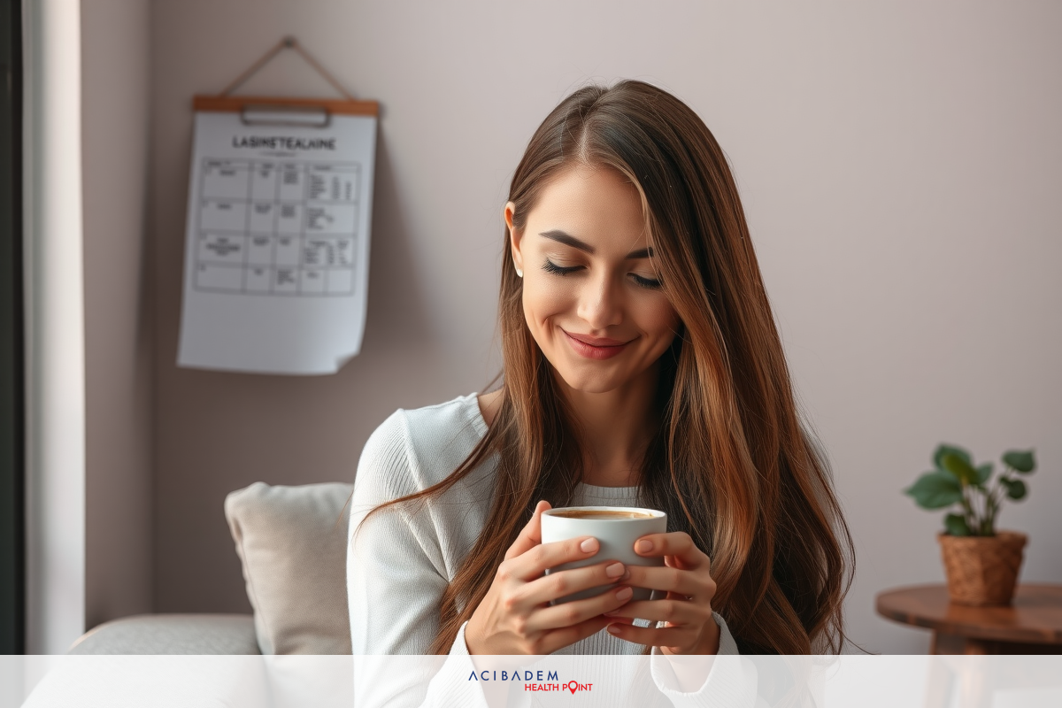 A woman is seated on a couch, smiling while holding a mug of coffee. She appears to be enjoying her drink in an office setting with natural light.
