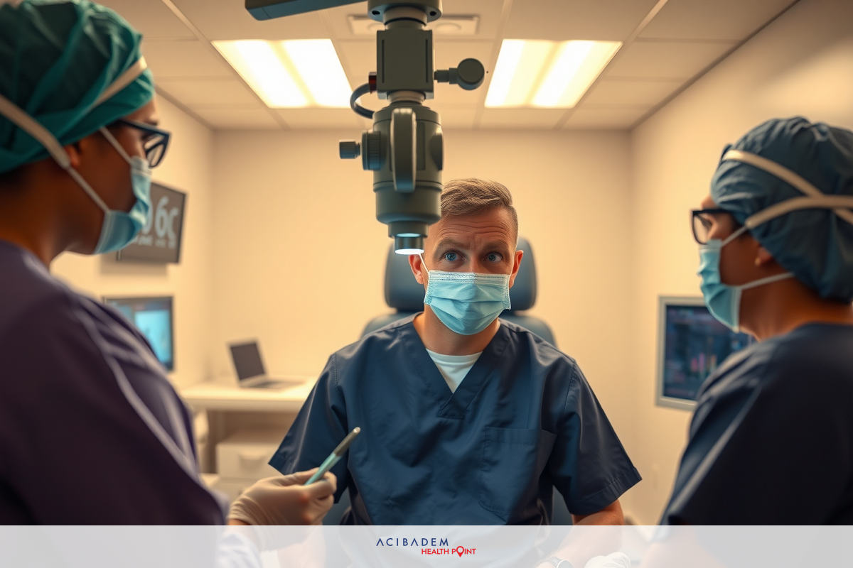 The image depicts a medical setting where three people are wearing surgical masks and scrubs. Two individuals are likely healthcare professionals, possibly surgeons or anesthesiologists, standing beside the patient who is seated on the operating table with a headrest device. The environment suggests an operating room, characterized by clinical white surfaces and lighting fixtures. No visible surgery is taking place in the image.