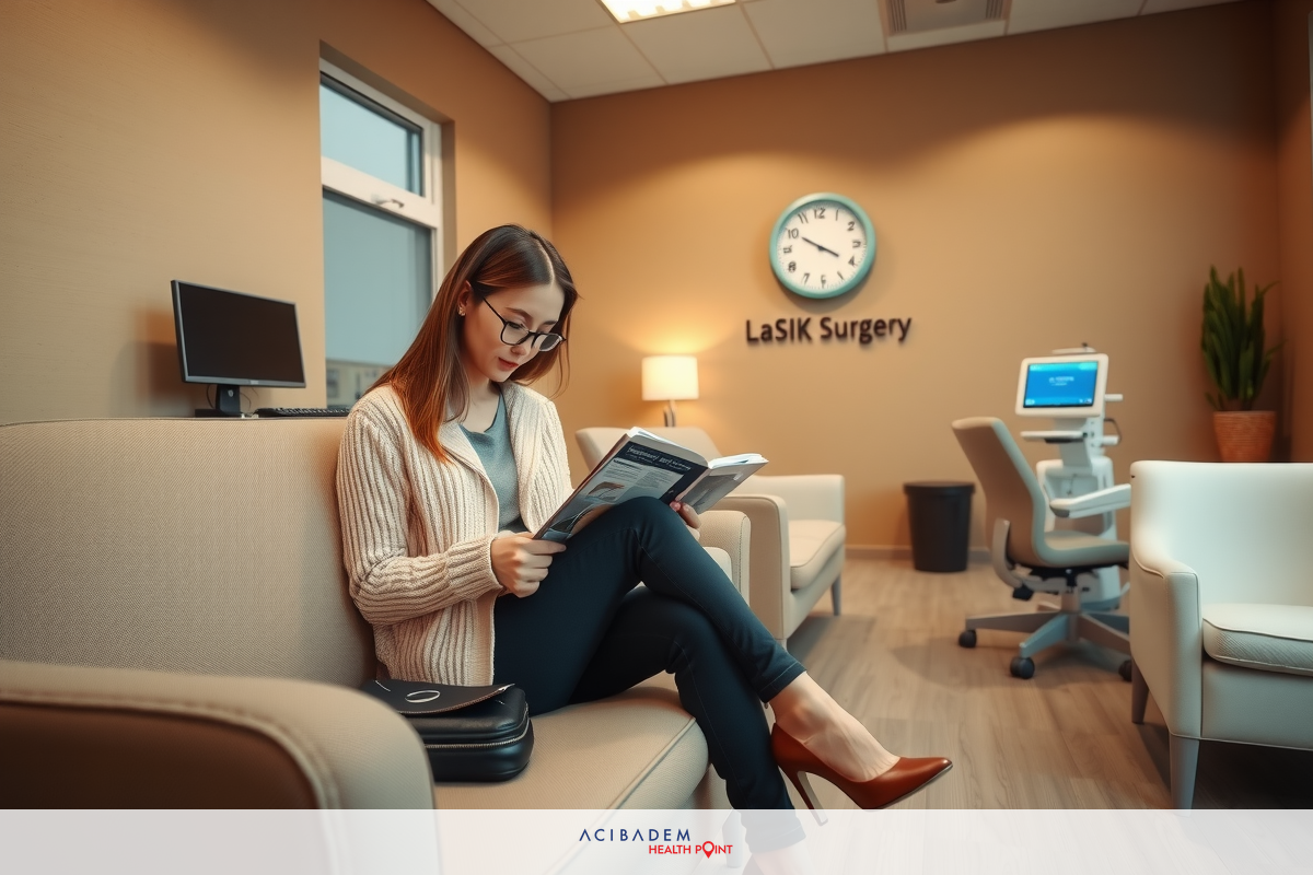 In the image, a young woman is sitting on a couch in what appears to be a waiting room or reception area of a medical facility. She is engrossed in her tablet, which she holds in both hands and leans towards with concentration. Her outfit suggests a formal or professional setting, with a jacket worn over a long-sleeved top, dark pants and brown shoes. The room has a neutral color palette, with beige and brown tones dominating the scene. On the wall behind the woman, there is text reading 'LASIK SURGERY', indicating that this location specializes in laser eye surgeries.