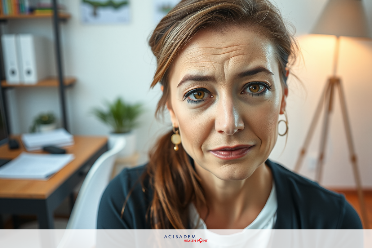 A woman is seated at a desk, looking slightly to the side with a concerned expression. The room has modern furniture and decor elements like plants and colorful artwork on the wall.