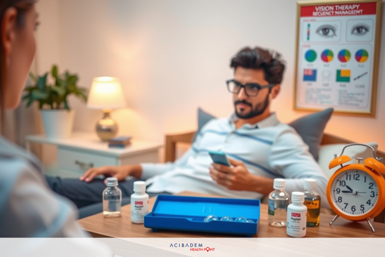 The image depicts a man in a clinical setting, seated on the right side. He is dressed casually and appears to be looking at his phone. The woman sitting opposite him seems to be in professional attire, possibly a doctor or nurse. Between them on the table are various medical supplies and equipment which suggest they might be discussing health matters or reviewing treatment plans.
