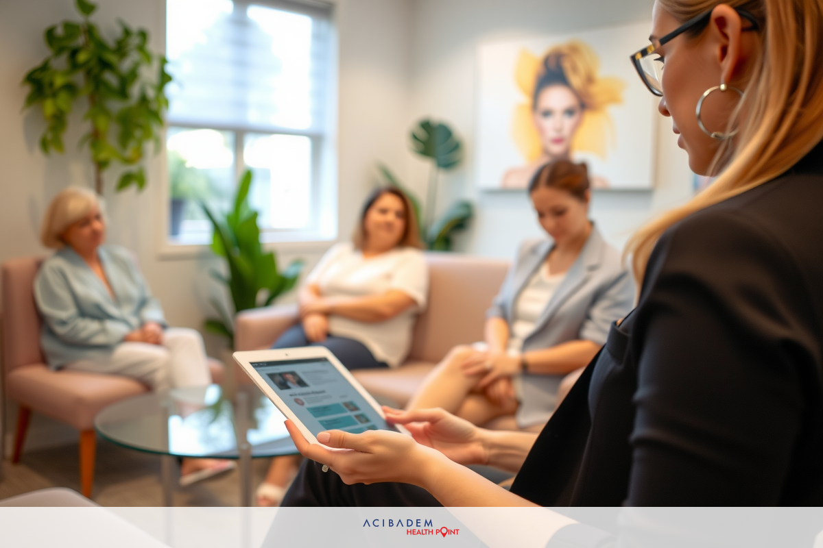A woman in a business meeting, holding and looking at an iPad. There are three other women seated on a couch, engaged in conversation. The office environment is professional with modern furnishings.