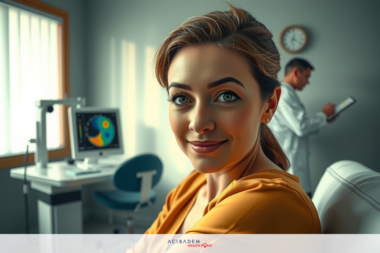 Can LASIK Eye Surgery Fix Astigmatism? A woman in a medical setting, possibly receiving an eye exam. Her attire suggests she is the patient and not a professional, wearing a yellow top.