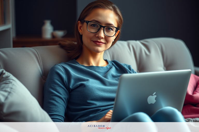 How Soon Can You Go Back to Work After Rhinoplasty? Woman sitting on couch using laptop with bright smile, wearing comfortable sweater, emphasis on digital technology and positive productivity.