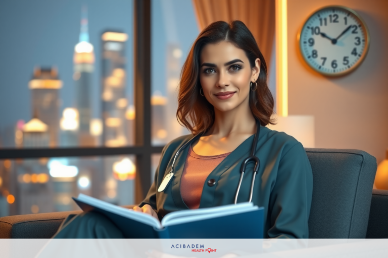 The image shows a young female medical professional, likely a nurse or doctor given the context. She is dressed in a clinical uniform and appears to be engaged with reading a book or looking at notes.