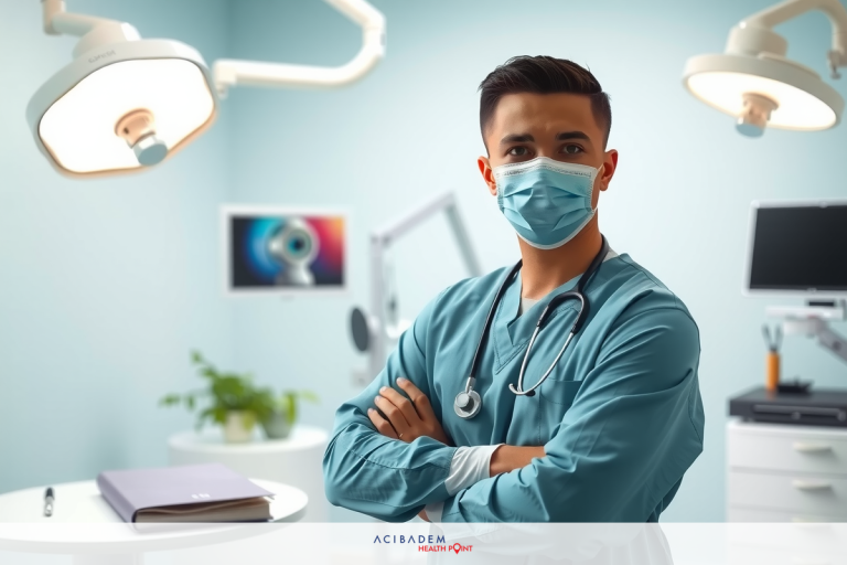 The image shows a medical professional standing in an operating room setting. The person is dressed in medical attire, including scrubs and a face mask, suggesting they are ready to perform a surgical procedure.