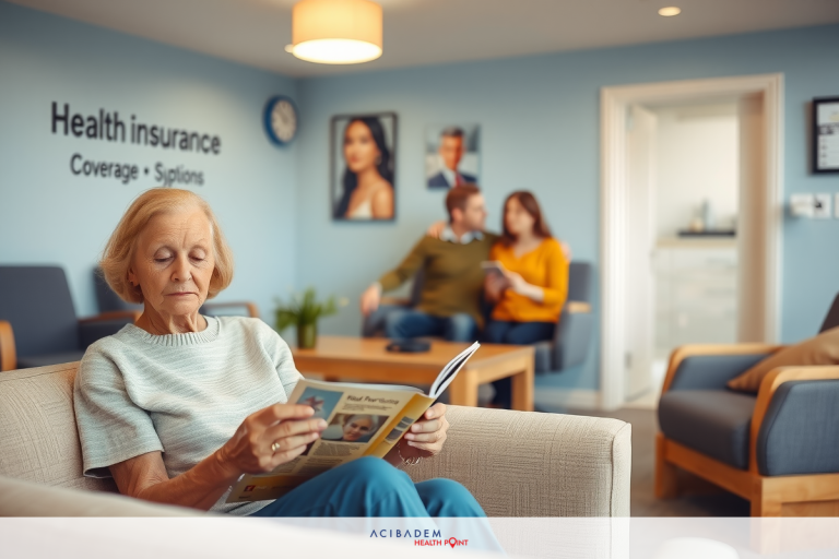 The image depicts an indoor setting, possibly a waiting room or a health insurance office. There are several people seated on chairs and couches engaged in various activities. A notable individual is an older woman dressed in casual clothing, sitting comfortably with a book open on her lap, seemingly reading it. The environment is clean and well-lit, with neutral colors that give the space a calming ambiance.