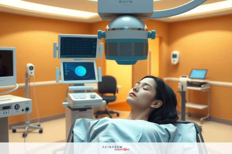 How LASIK Eye Surgery is Performed The image shows a woman lying on a medical bed within an ultrasound room. She is wearing a hospital gown and appears to be undergoing a medical procedure. The room has various pieces of medical equipment, including monitors and diagnostic devices such as the large ultrasound transducer mounted above her.